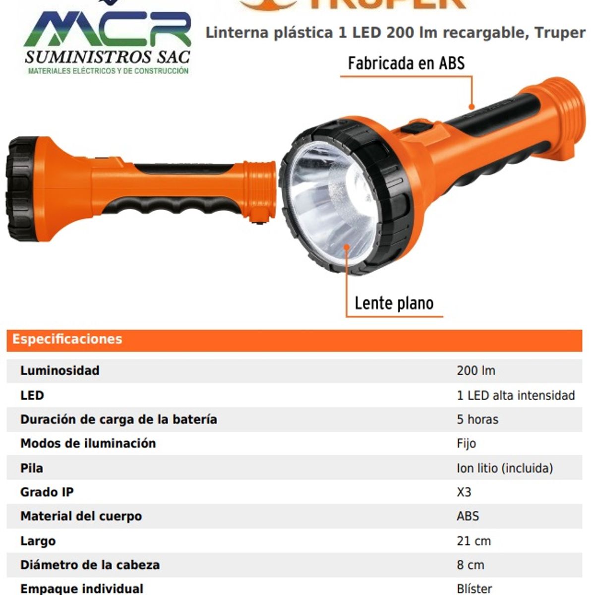 TRUPER - LINTERNA LED PLASTICA RECARGABLE USB 200 LUMENES 140m TRUPER
