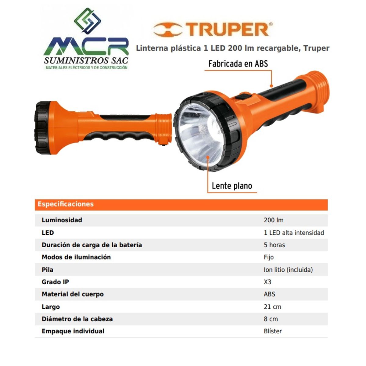 TRUPER - LINTERNA LED PLASTICA RECARGABLE USB 200 LUMENES 140m TRUPER