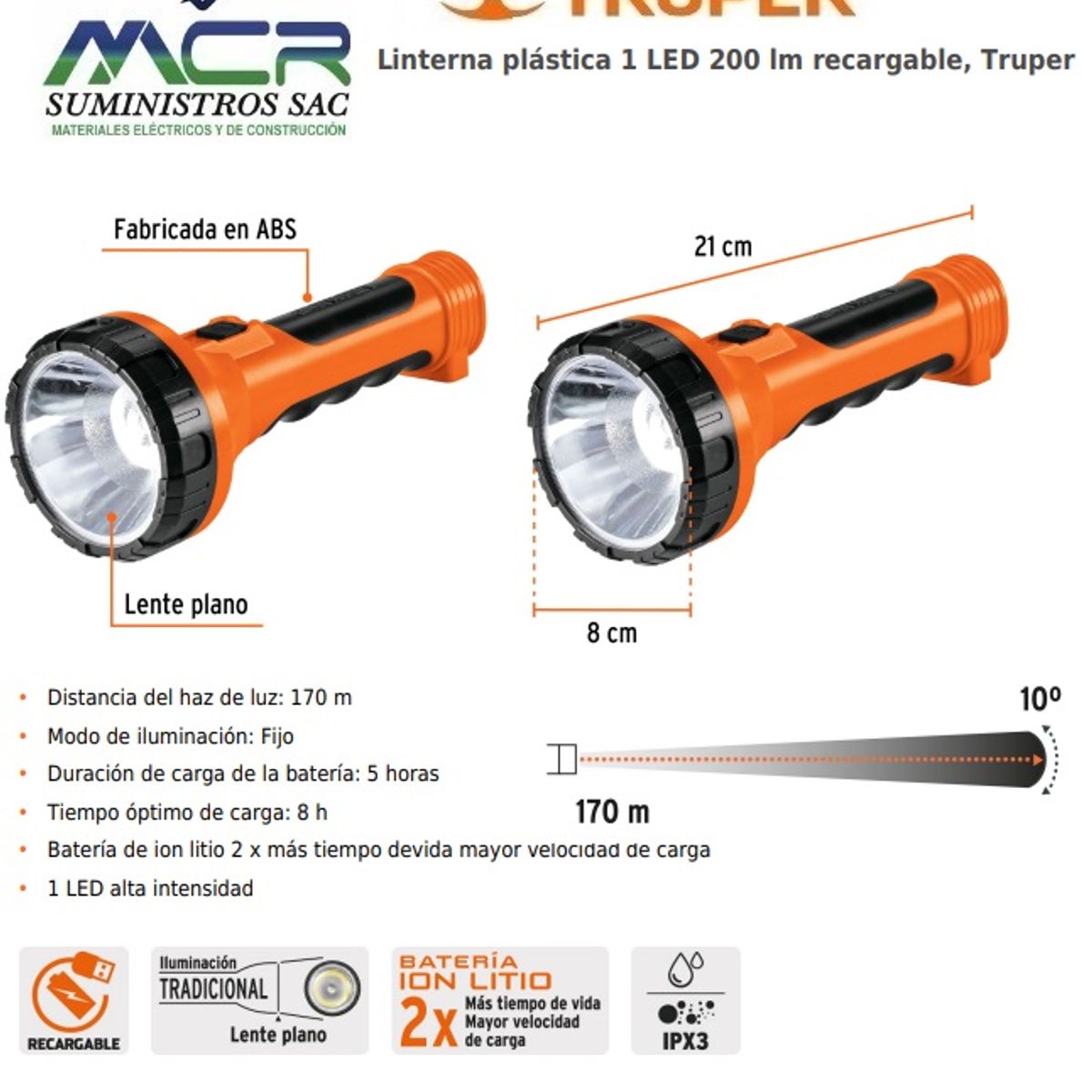 TRUPER - LINTERNA LED PLASTICA RECARGABLE USB 200 LUMENES 140m TRUPER