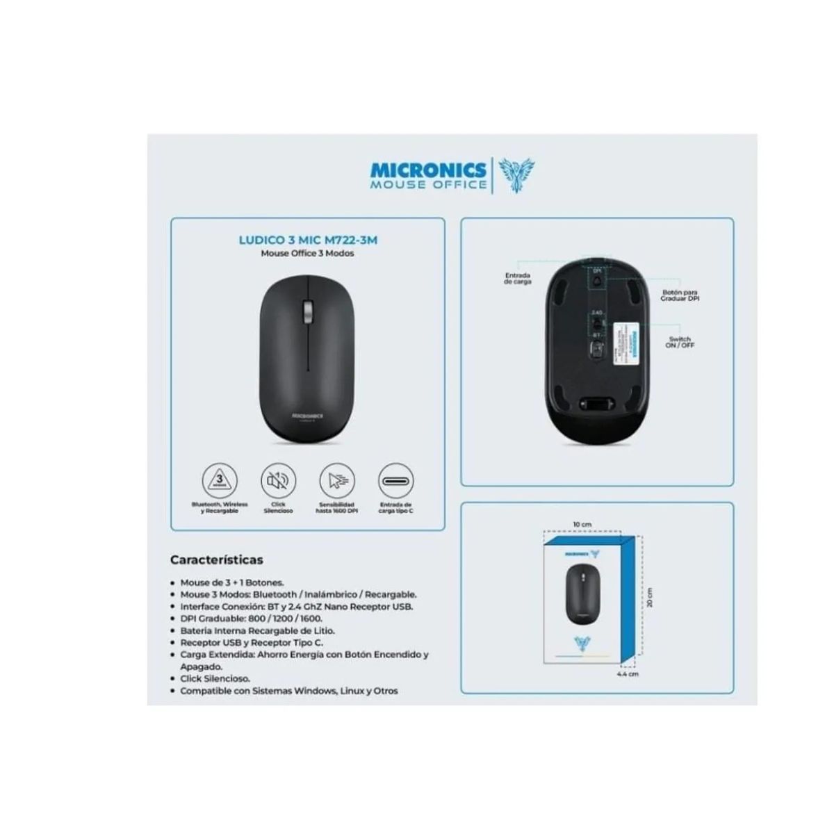 MICRONICS - Mouse Recargable MICRONICS Cyb Negro M7X