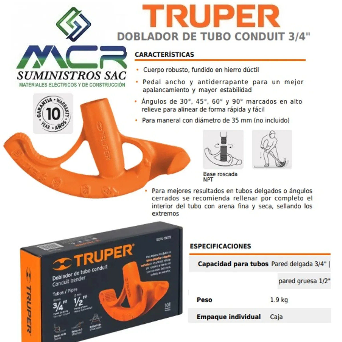 TRUPER - DOBLADOR DE TUBO CONDUIT 3-4 pulgada y 1-2 pulgad TRUPER CON PALANCA