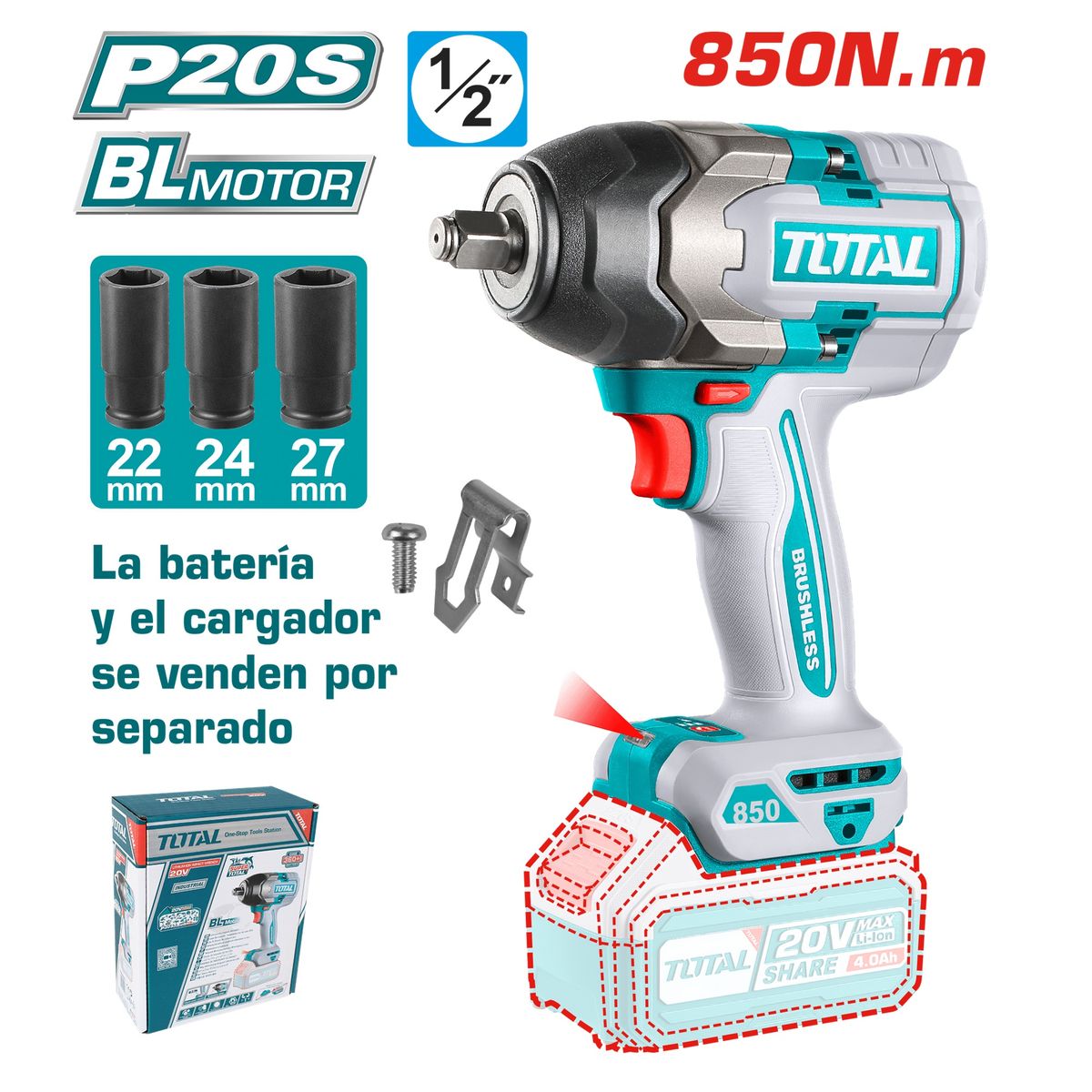 Total Tools - LLAVE DE IMPACTO 1/2"  850NM 20V INDUSTRIAL BRUSHLESS TOTAL TIWLI20851