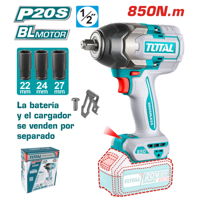 TOTAL TOOLS - LLAVE DE IMPACTO 1/2"  850NM 20V INDUSTRIAL BRUSHLESS TOTAL TIWLI20851