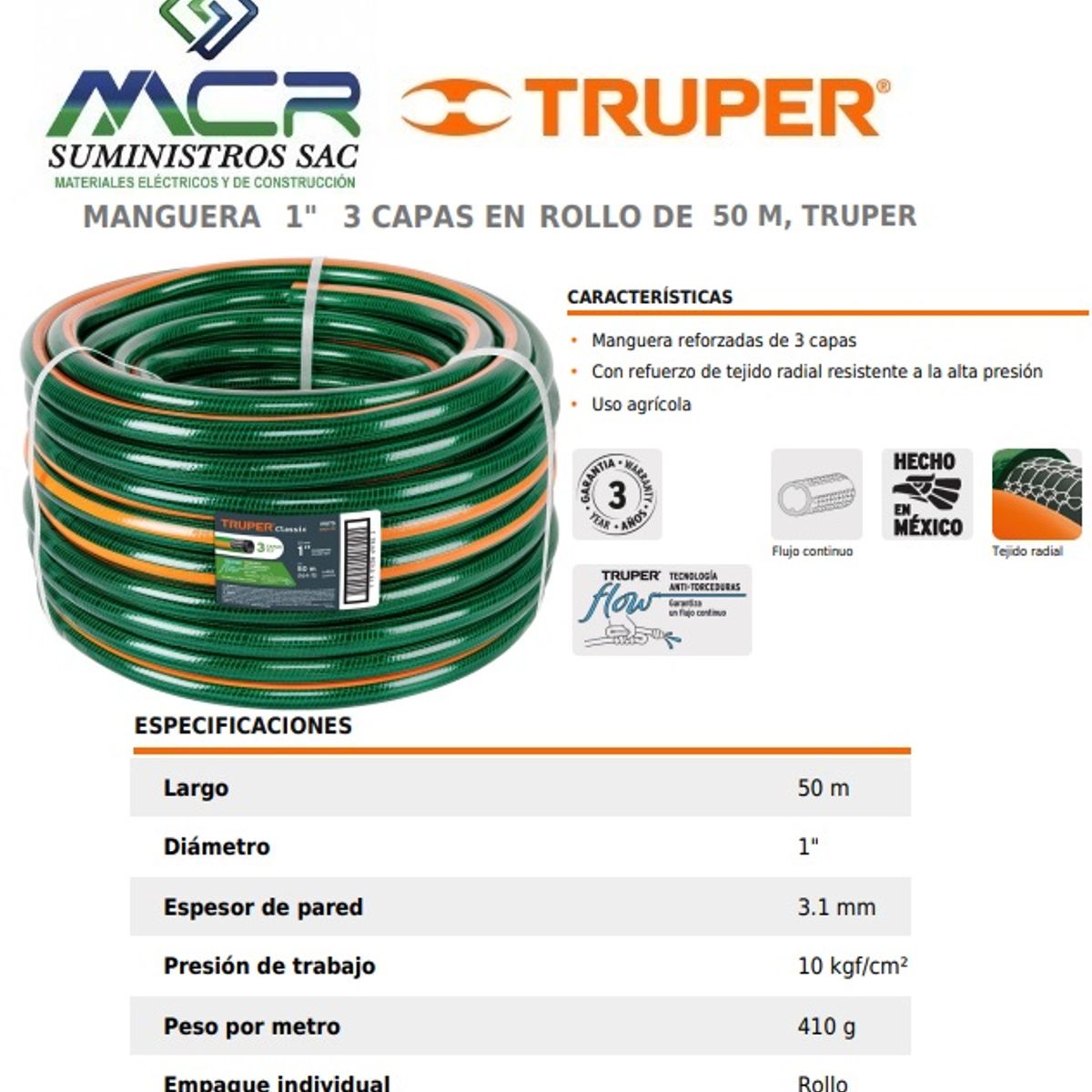 TRUPER - MANGUERA REFORZADA 3 CAPAS DIAMETRO 1” ROLLO 50m TRUPER
