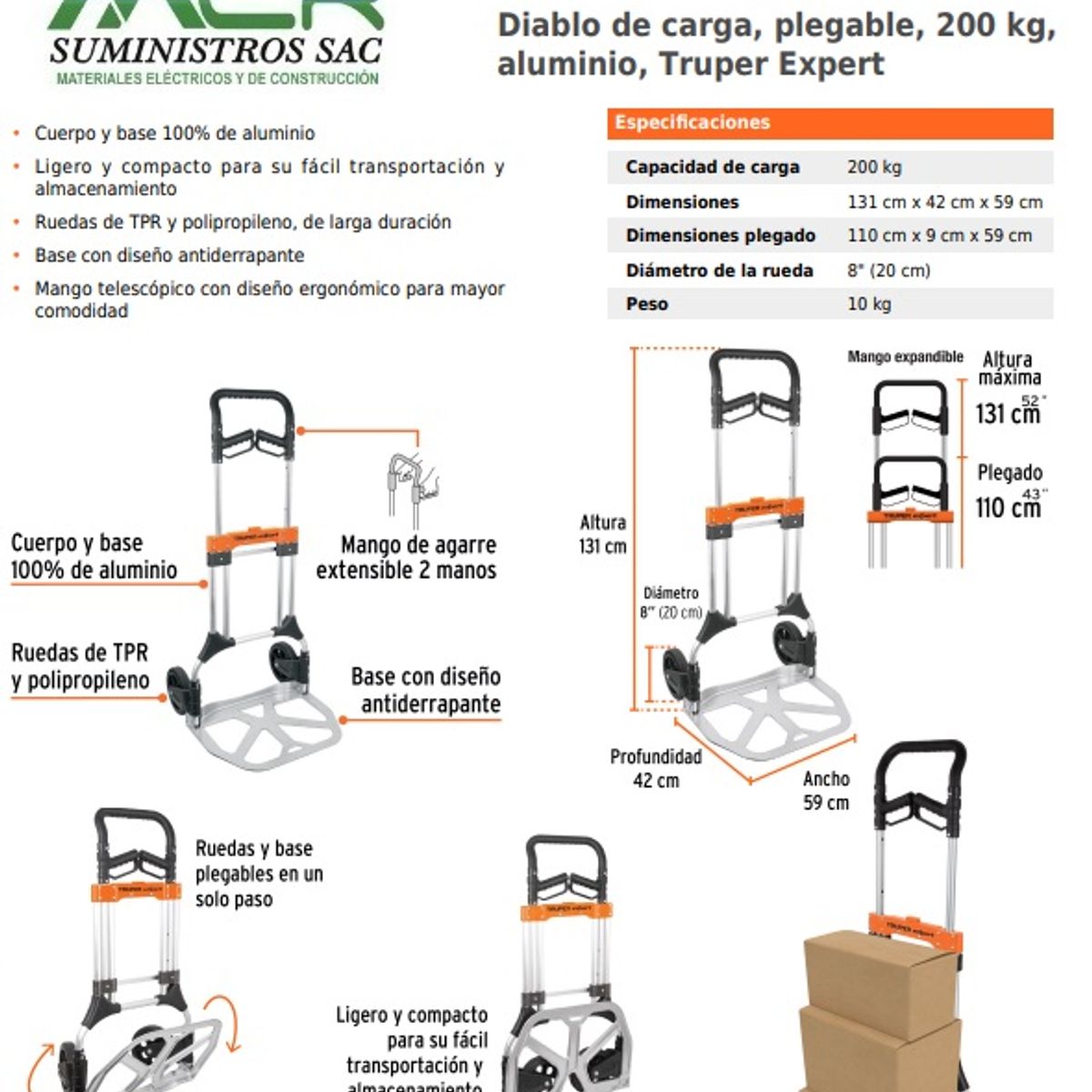 TRUPER - CARRETA ALUMINIO DE CARGA 200kg PLEGABLE 131cm TRUPER