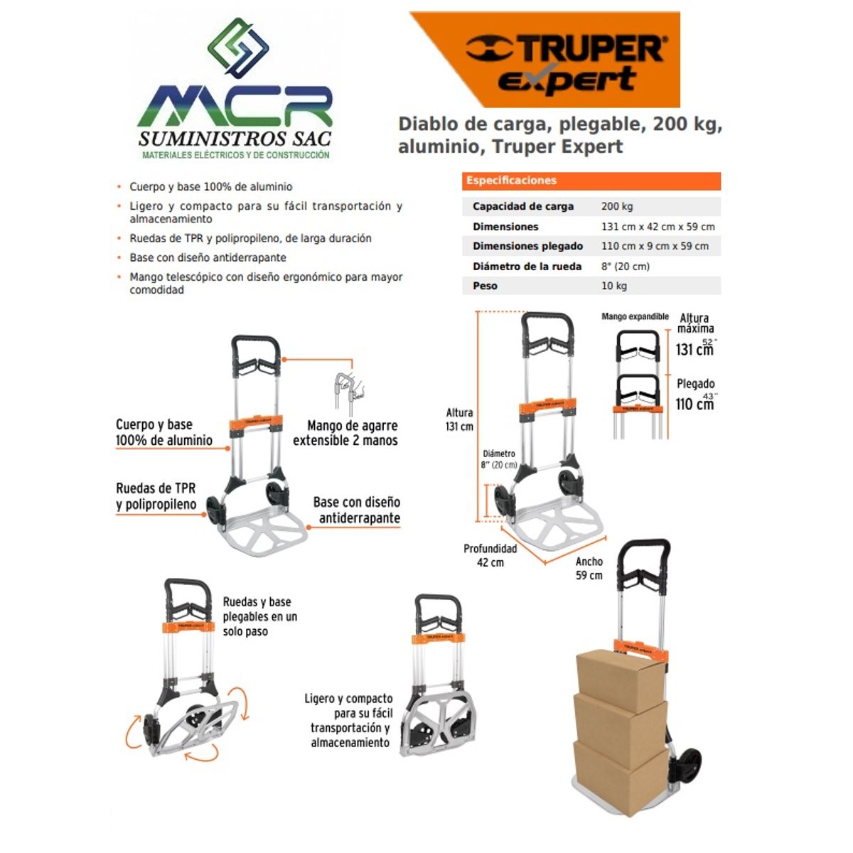 TRUPER - CARRETA ALUMINIO DE CARGA 200kg PLEGABLE 131cm TRUPER