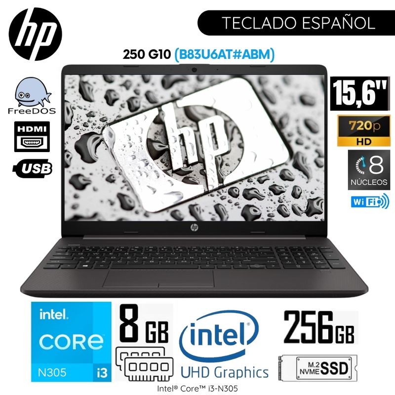 HP - Laptop HP 250 G10 Intel Corei3-N305 8GB RAM 256GB SSD 15.6"  Pulg. HD Free Dos