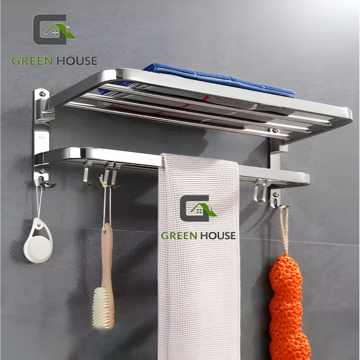 GREEN HOUSE - ELEGANTE TOALLERO ACERO INOXIDABLE  BRILLANTE  CON REPISA