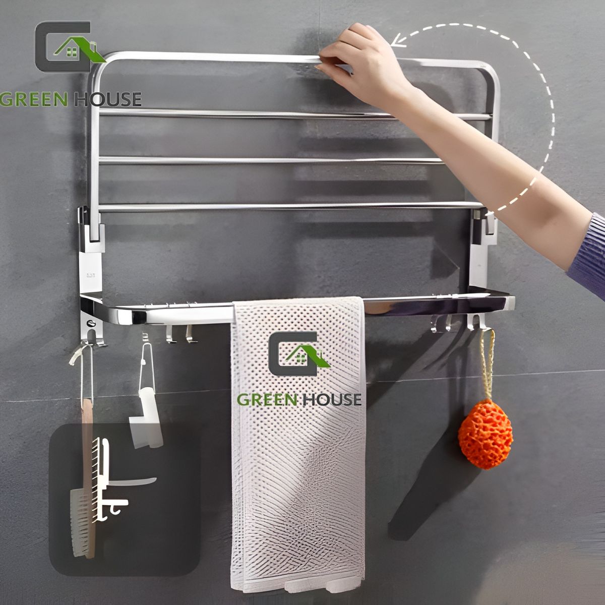 GREEN HOUSE - ELEGANTE TOALLERO ACERO INOXIDABLE  BRILLANTE  CON REPISA