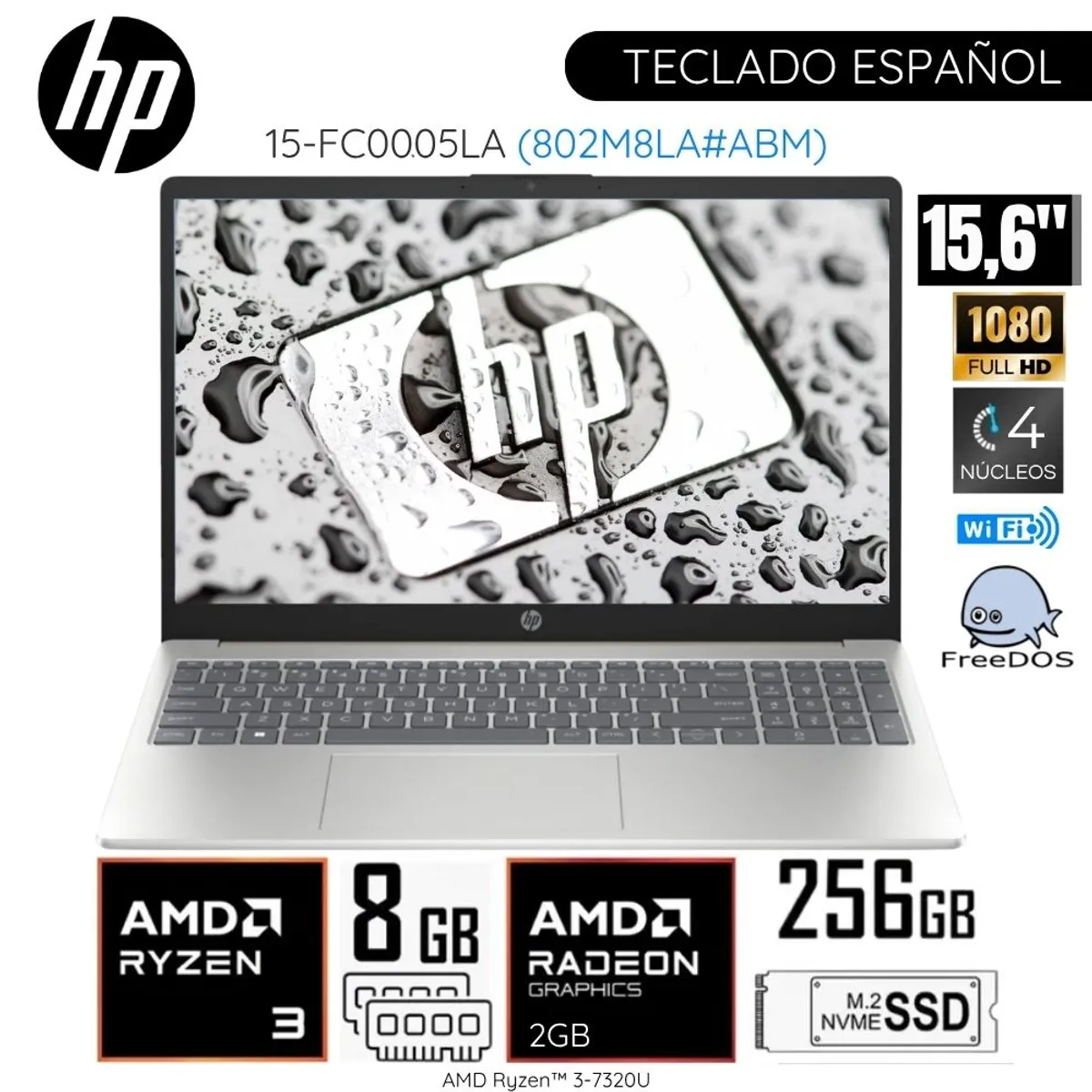 HP - Laptop HP 15-FC0005LA  AMD Ryzen3-7320U 8GB RAM 256GB SSD 15.6"  Pulg. FHD FreeDos