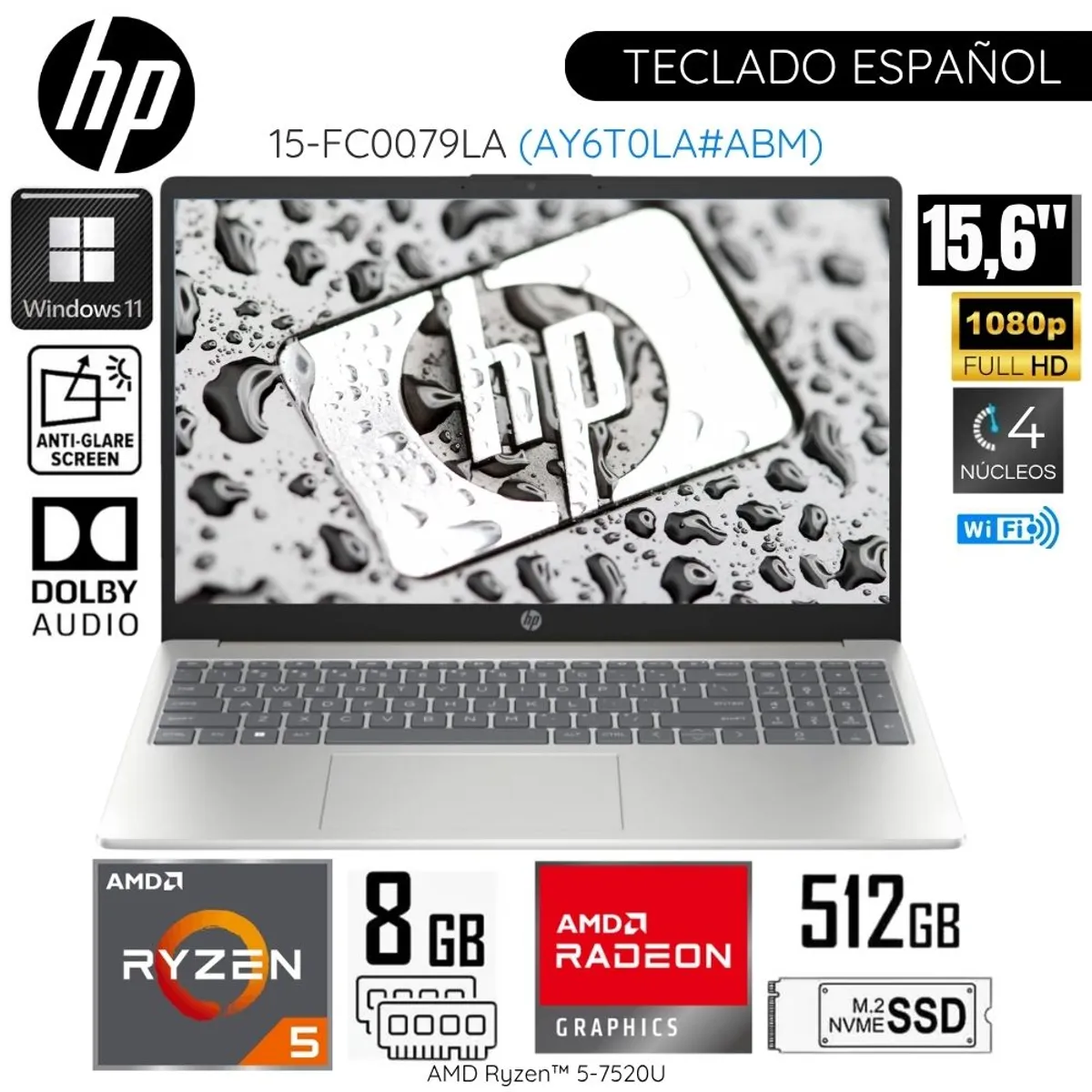 HP - Laptop HP 15-FC0079LA AMD Ryzen 5-7520U 8GB RAM 512GB SSD 15.6" WIN 11 - Plateado