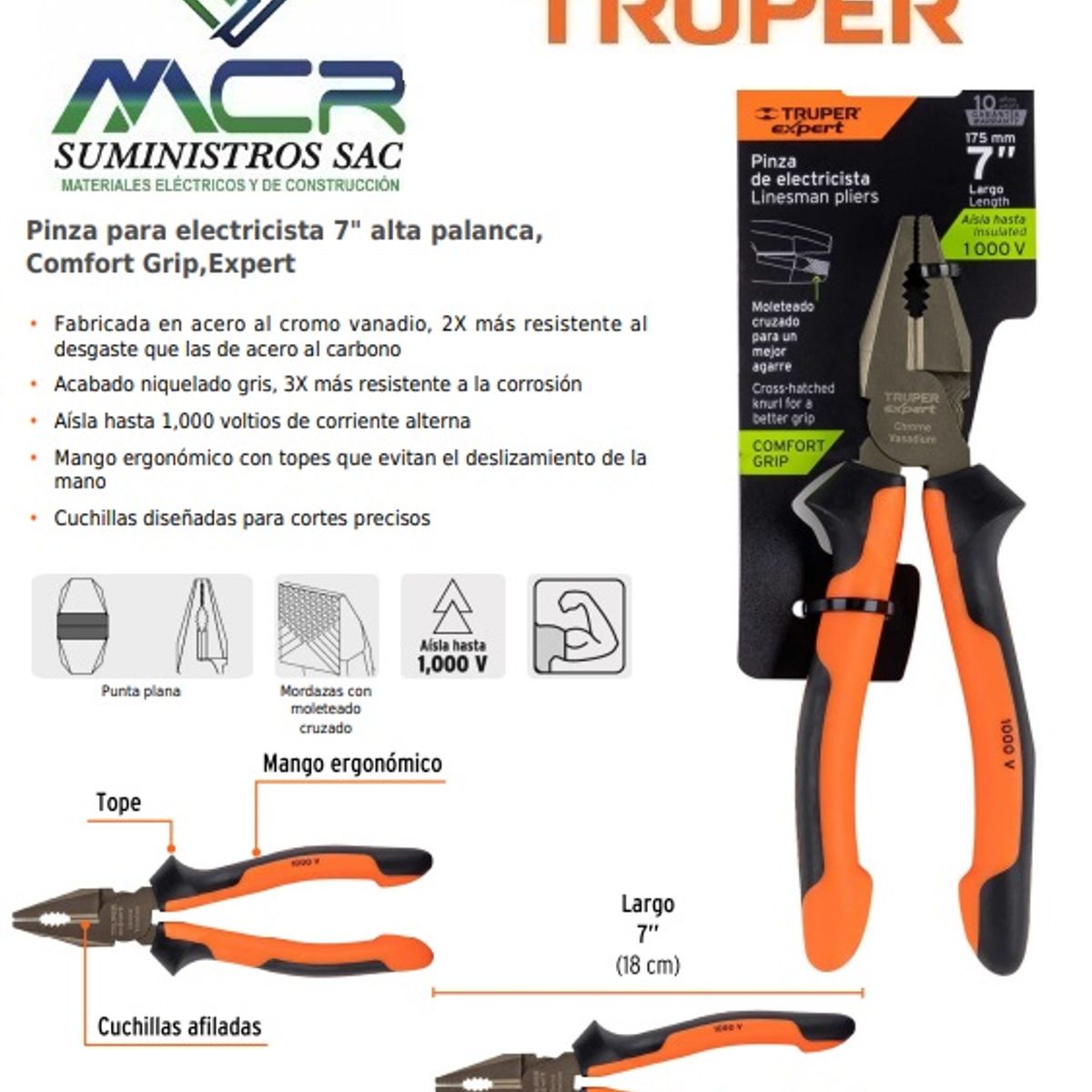 TRUPER - Pinza para electricista 7 alta palanca Comfort GripExpert