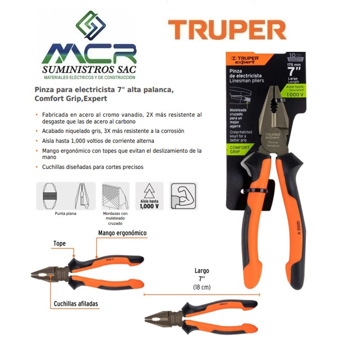 TRUPER - Pinza para electricista 7 alta palanca Comfort GripExpert