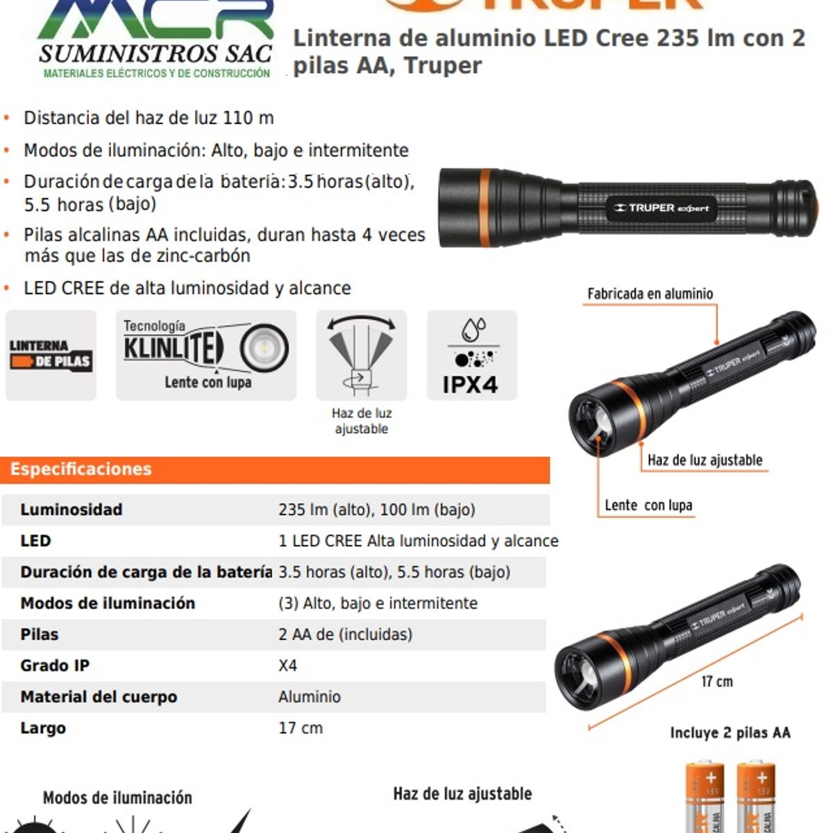 TRUPER - LINTERNA LED ALUMINIO RECARGABLE USB 235 LM  CON 2 PILAS AA TRUPER