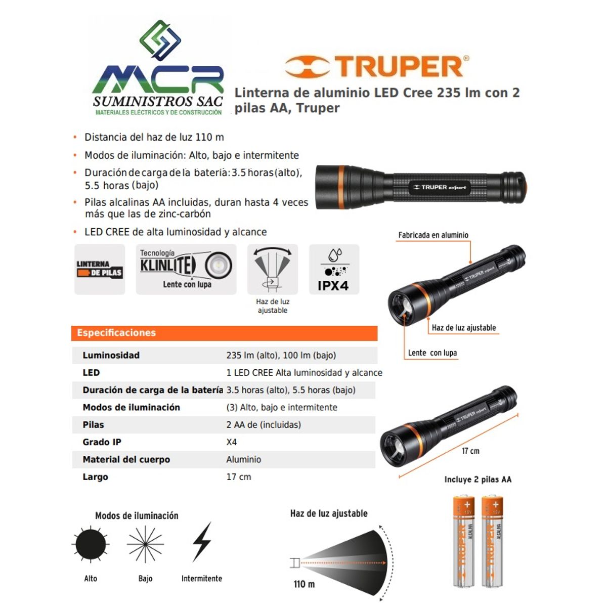 TRUPER - LINTERNA LED ALUMINIO RECARGABLE USB 235 LM  CON 2 PILAS AA TRUPER