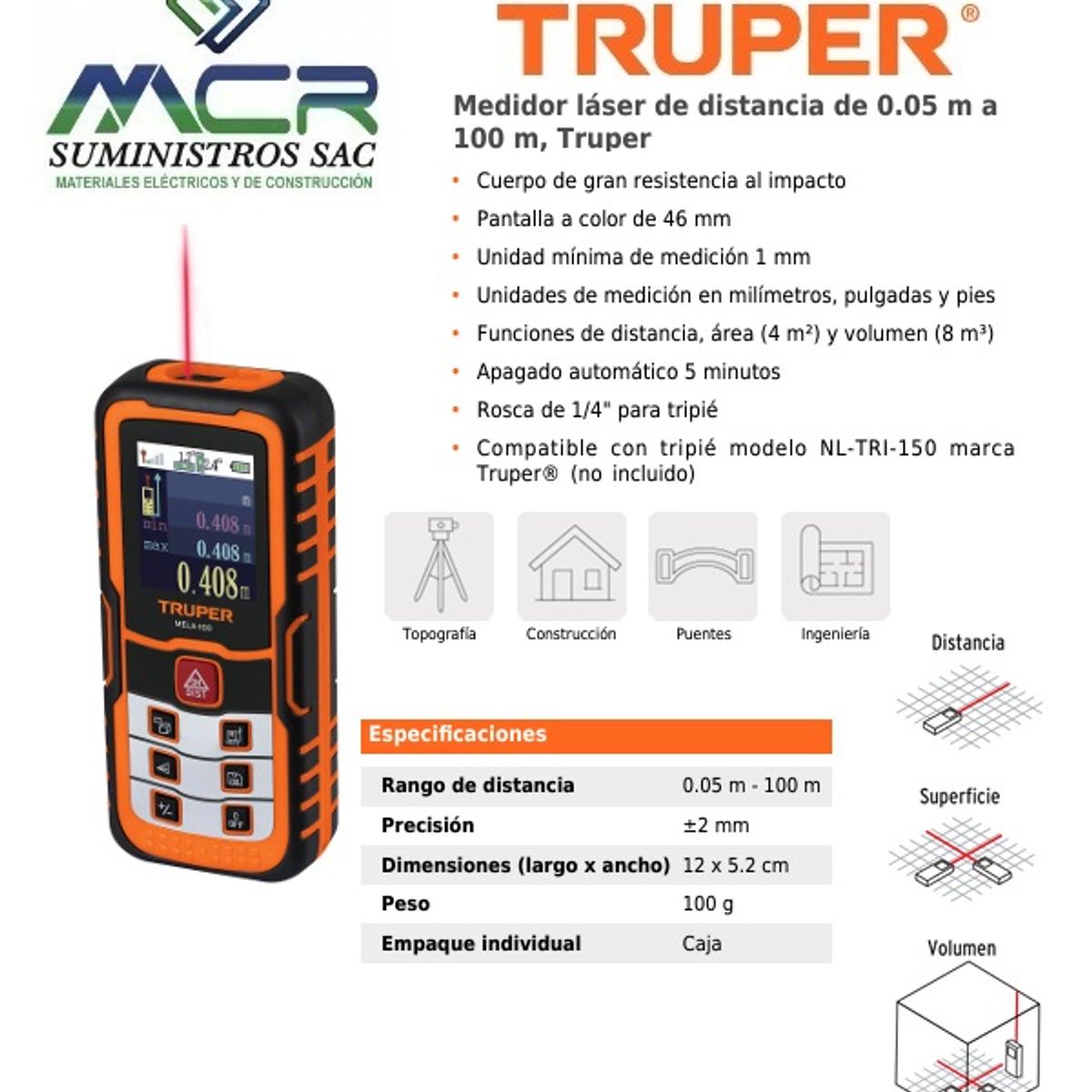 TRUPER - MEDIDOR LASER DE DISTANCIA DIGITAL 100 METROS ESTUCHE TRUPER
