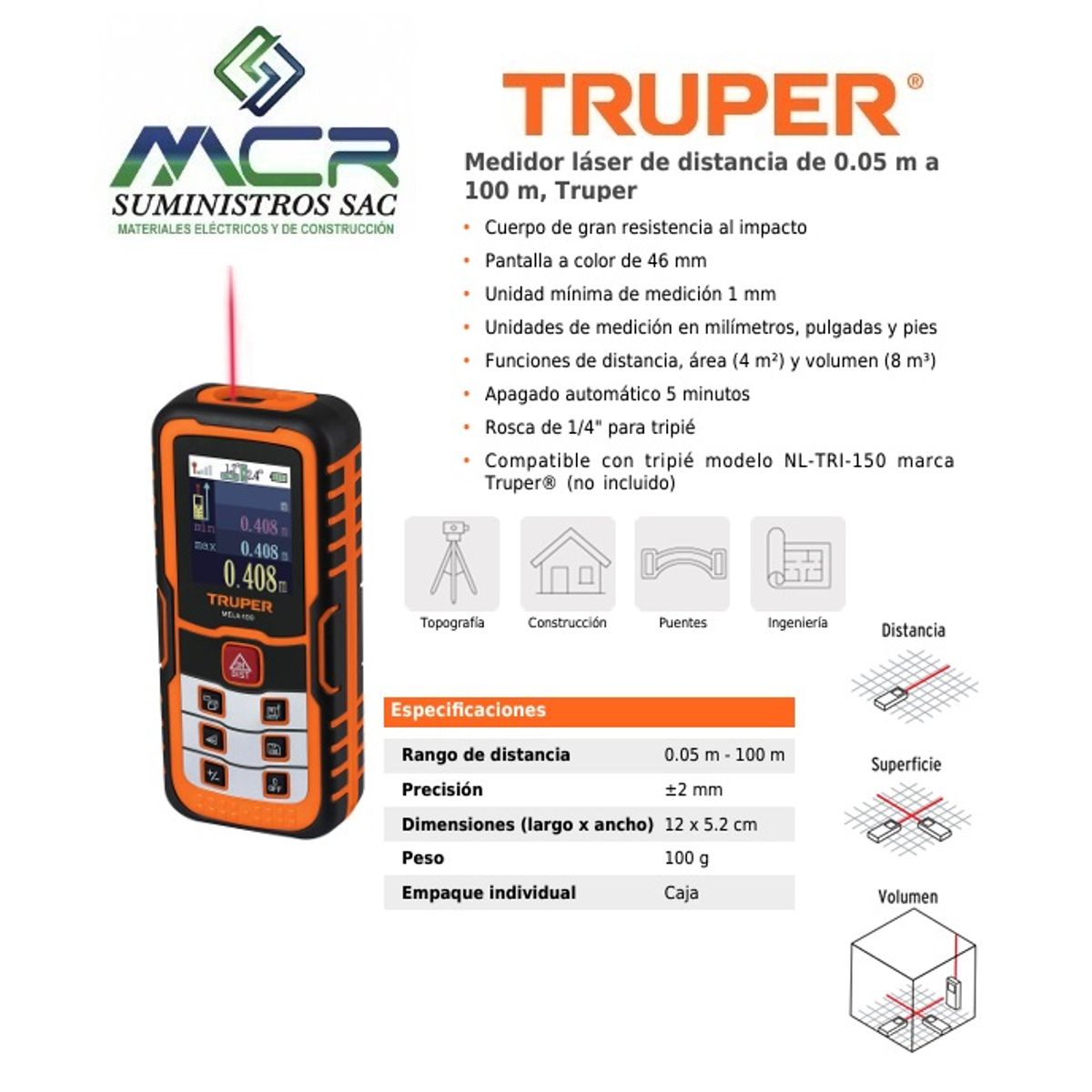 TRUPER - MEDIDOR LASER DE DISTANCIA DIGITAL 100 METROS ESTUCHE TRUPER
