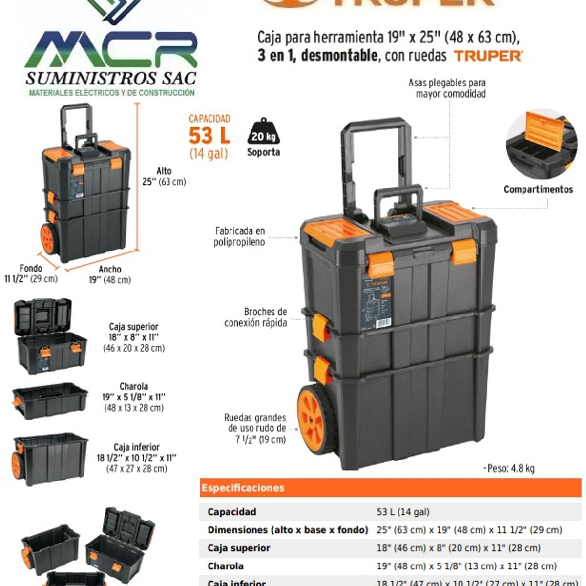TRUPER - CAJA PARA HERRAMIENTA 19" x 25" RUEDAS Y MANGO 3 en 1 TRUPER