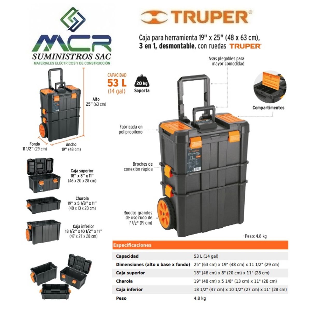 TRUPER - CAJA PARA HERRAMIENTA 19" x 25" RUEDAS Y MANGO 3 en 1 TRUPER
