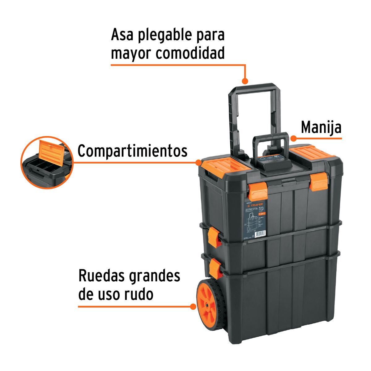 TRUPER - CAJA PARA HERRAMIENTA 19" x 25" RUEDAS Y MANGO 3 en 1 TRUPER