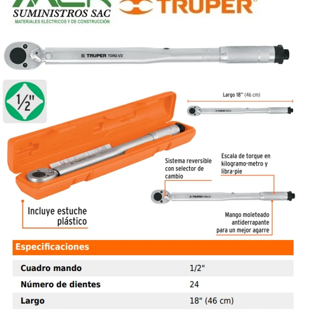 TRUPER - TORQUIMETRO RANGO 20-150 lb-ft 27-204Nm ENCASTRE 1 2 TRUPER