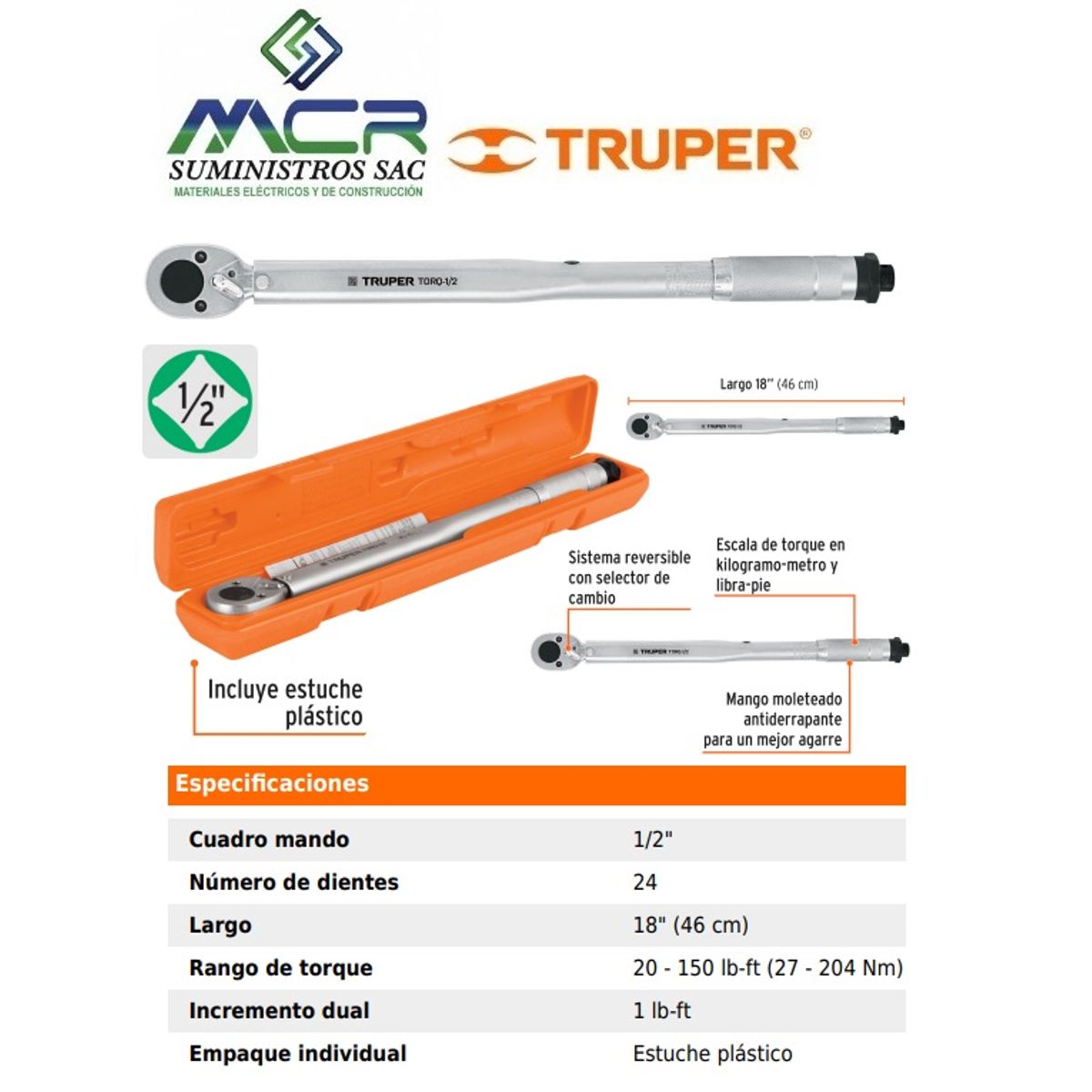 TRUPER - TORQUIMETRO RANGO 20-150 lb-ft 27-204Nm ENCASTRE 1 2 TRUPER