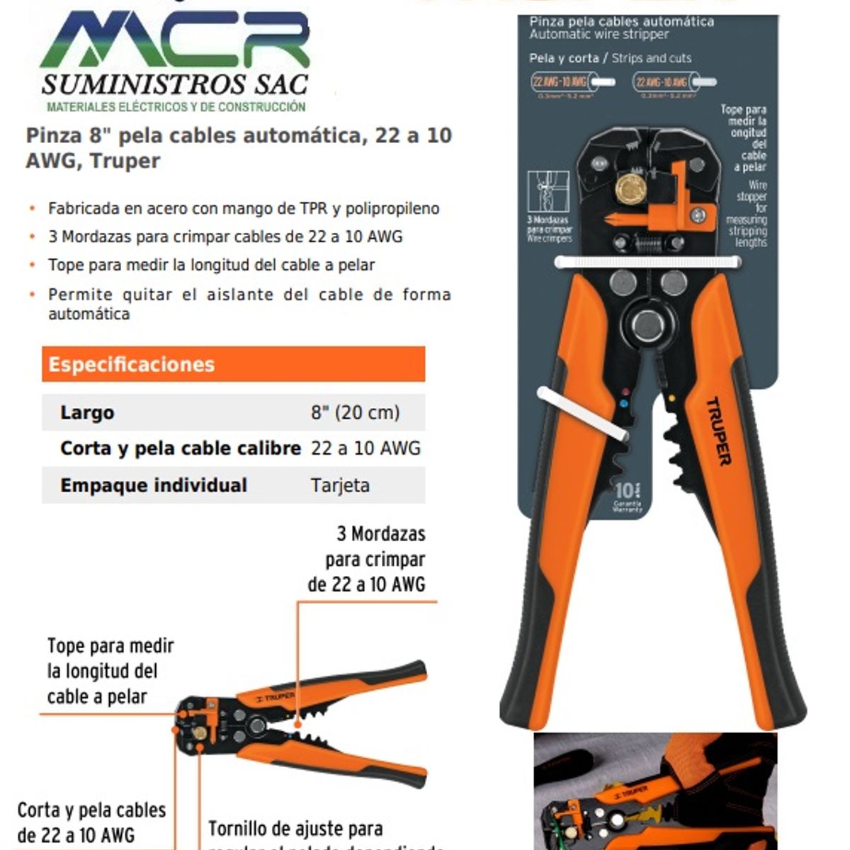 TRUPER - ALICATE PELACABLE AUTOMATICO 22 A 10 AWG 8” 20cm TRUPER
