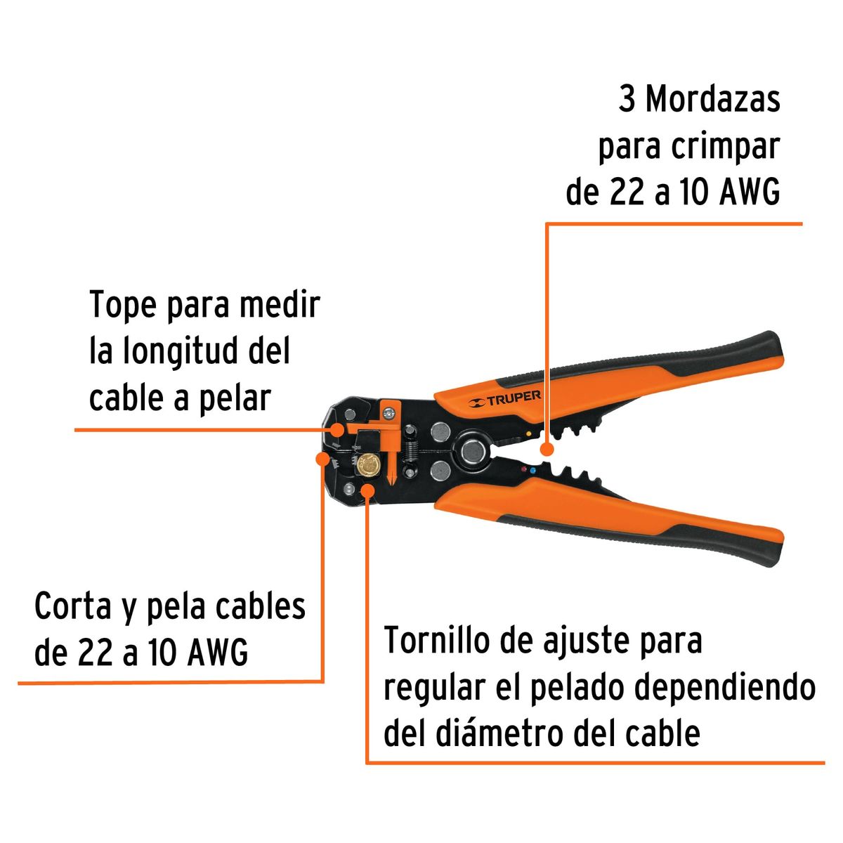TRUPER - ALICATE PELACABLE AUTOMATICO 22 A 10 AWG 8” 20cm TRUPER