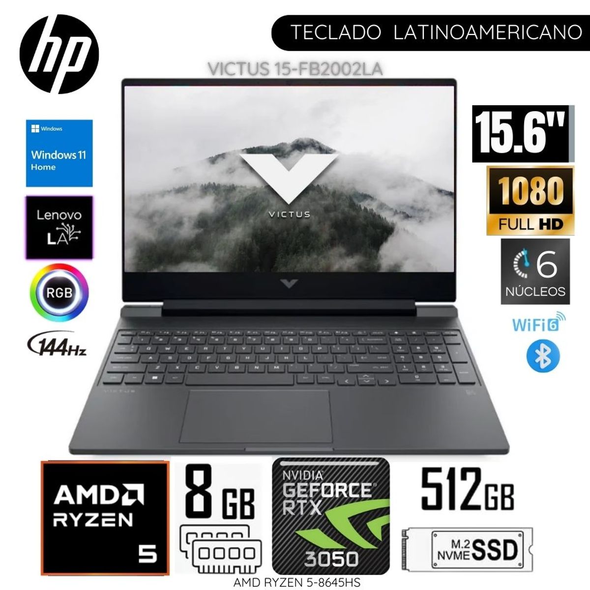 HP - Laptop HP Victus 15-FB2002LA AMD Ryzen5-8645HS 8GB RAM 512GB SSD 15.6"  FHD RTX3050-6GB WIN11 - Plata