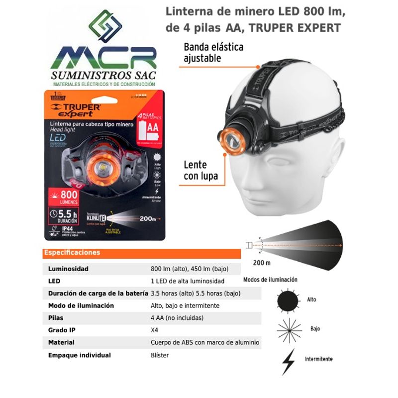 TRUPER - LINTERNA LED TIPO MINERO A PILAS 800 LUMENES 200m TRUPER