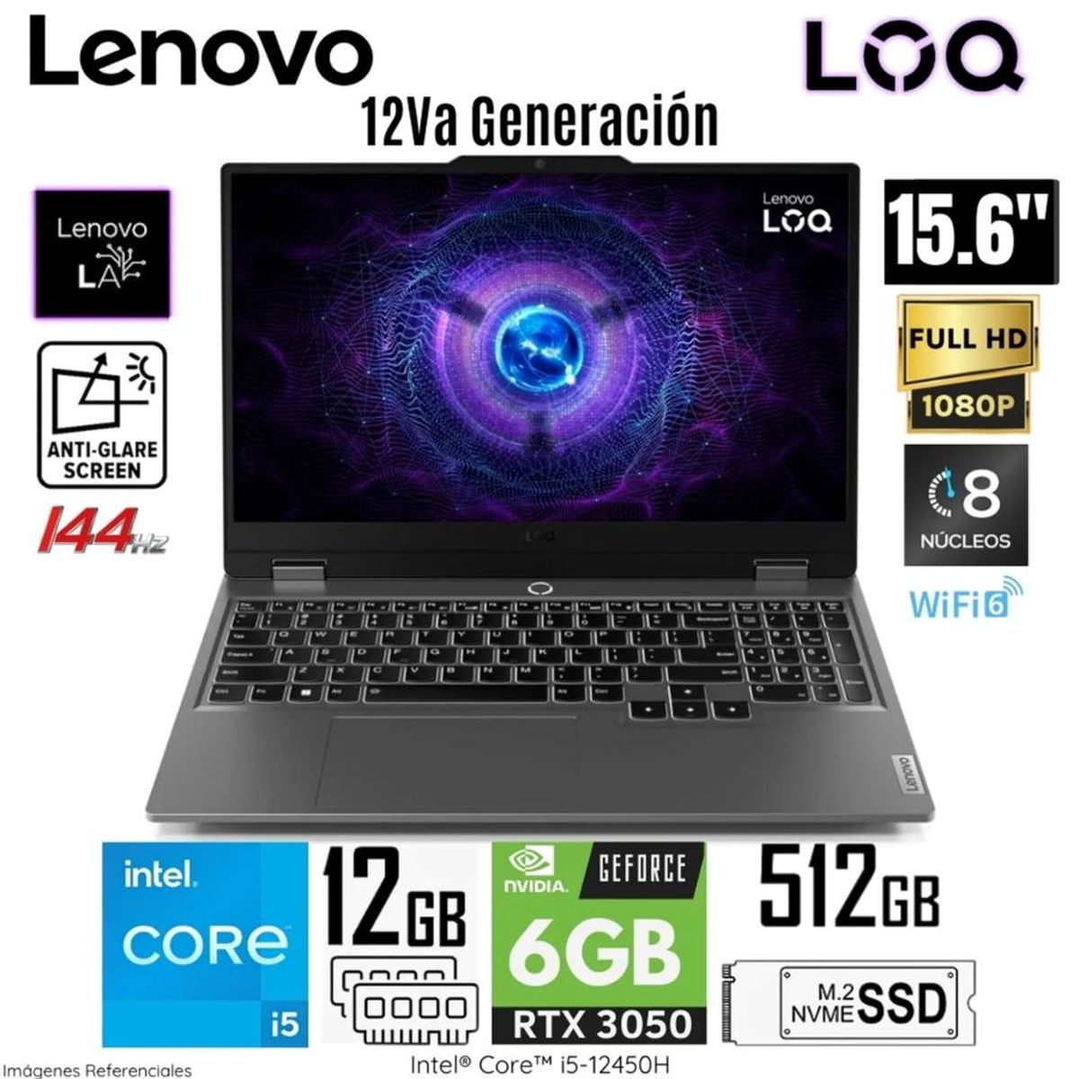 LENOVO - Laptop Lenovo LOQ 15IAX9 Intel Corei5-12450HX 12GB RAM 512GB SSD 156 Pulg FHD RTX3050-6GB FreeDos