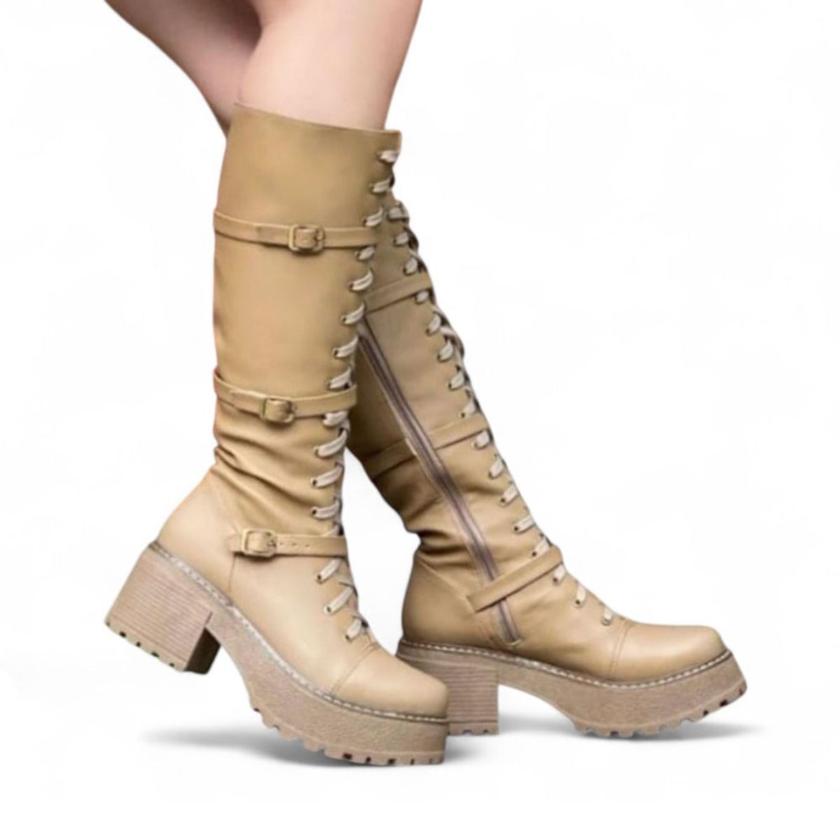 GENERICO - Bota Mujer Warrior 3 Hebilllas Taco 5 1299 5C-75 Color Beige