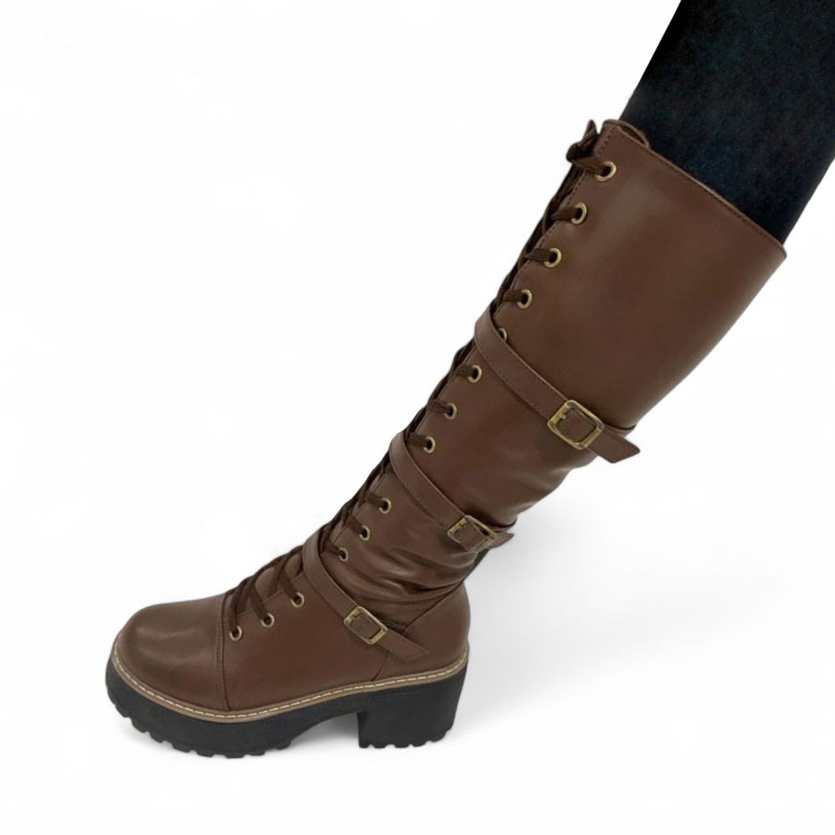 GENERICO - Bota Mujer Warrior 3 Hebilllas Taco 5 1299 5C-75 Color Marron