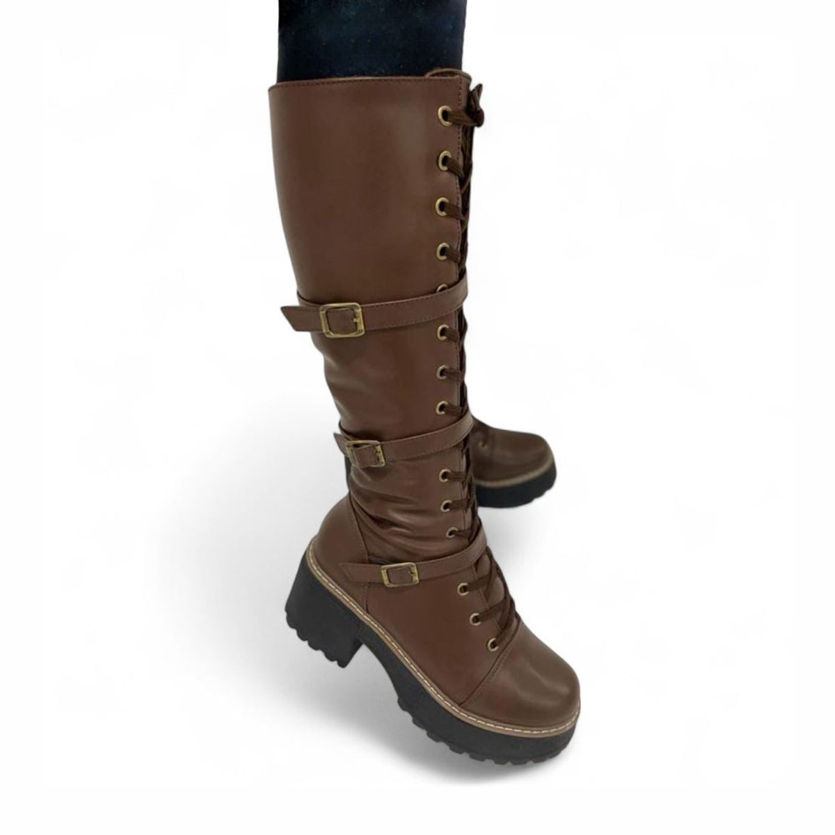 GENERICO - Bota Mujer Warrior 3 Hebilllas Taco 5 1299 5C-75 Color Marron