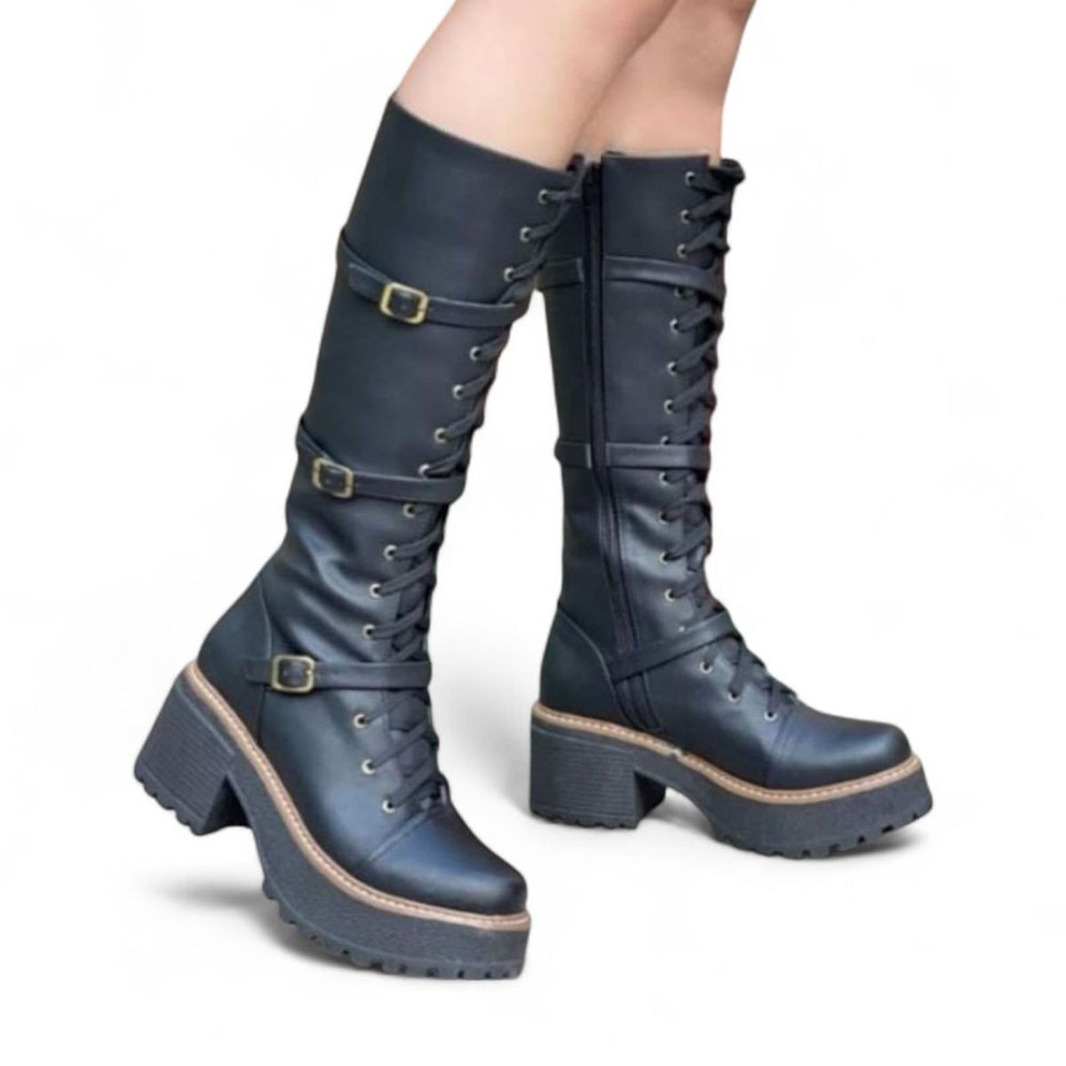 GENERICO - Bota Mujer Warrior 3 Hebilllas Taco 5 1299 5C-75 Color Negro