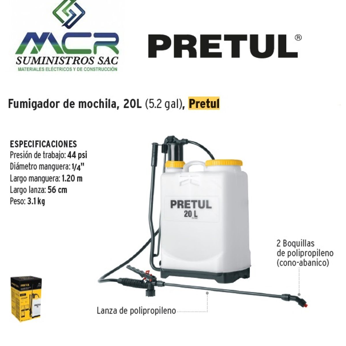 TRUPER - FUMIGADOR MANUAL DE MOCHILA 20L 5.2 GALONES 44 PSI PRETUL