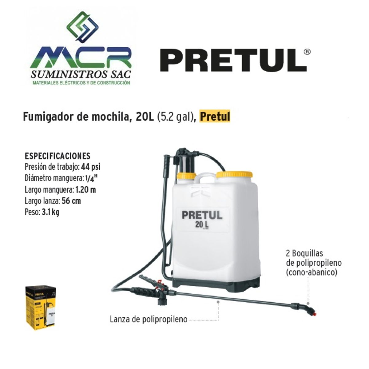TRUPER - FUMIGADOR MANUAL DE MOCHILA 20L 5.2 GALONES 44 PSI PRETUL