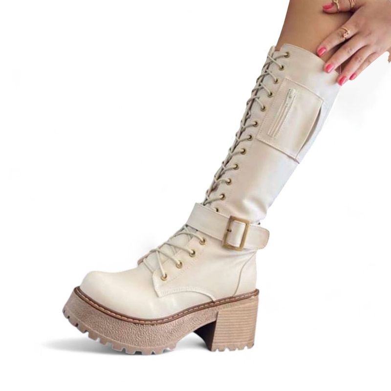 GENERICO - Bota Mujer Warrior 3 Hebilllas Taco 5 1299 5C-75 Color Crema