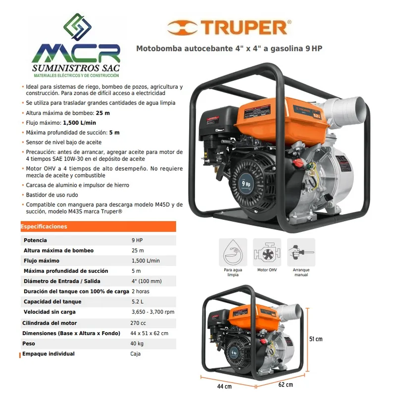 TRUPER - MOTOBOMBA A GASOLINA AUTOCEBANTE 9 HP 4” PULGADAS TRUPER