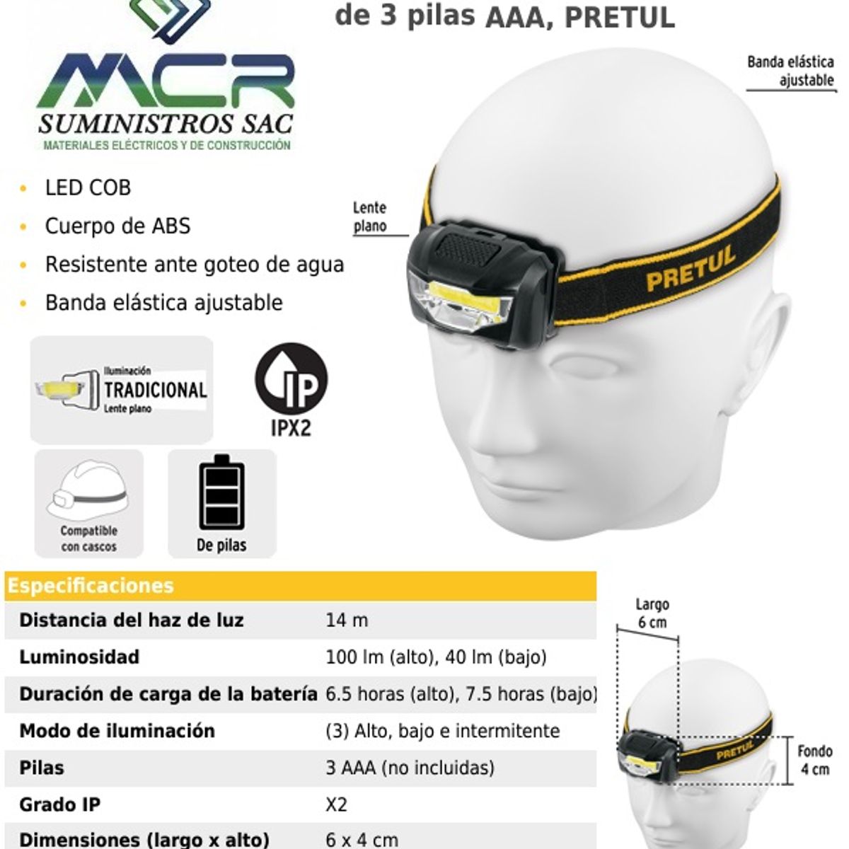 PRETUL - LINTERNA LED TIPO MINERO A PILA 100 LUMENES 14 METROS PRETUL