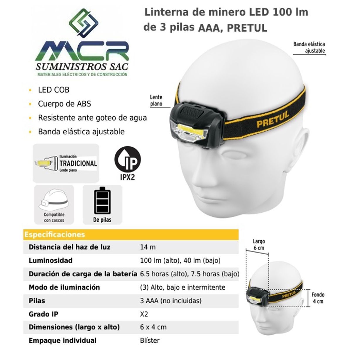 PRETUL - LINTERNA LED TIPO MINERO A PILA 100 LUMENES 14 METROS PRETUL