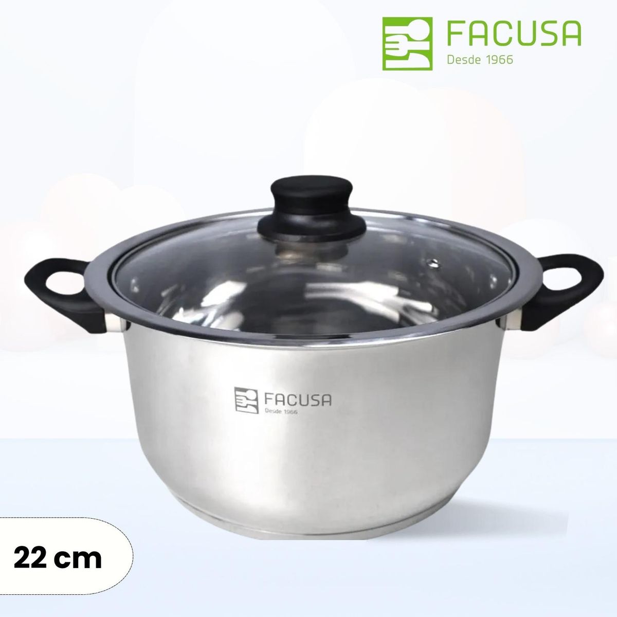 FACUSA - Olla de Acero Clásica Facusa 22 Cm -Tapa de Vidrio