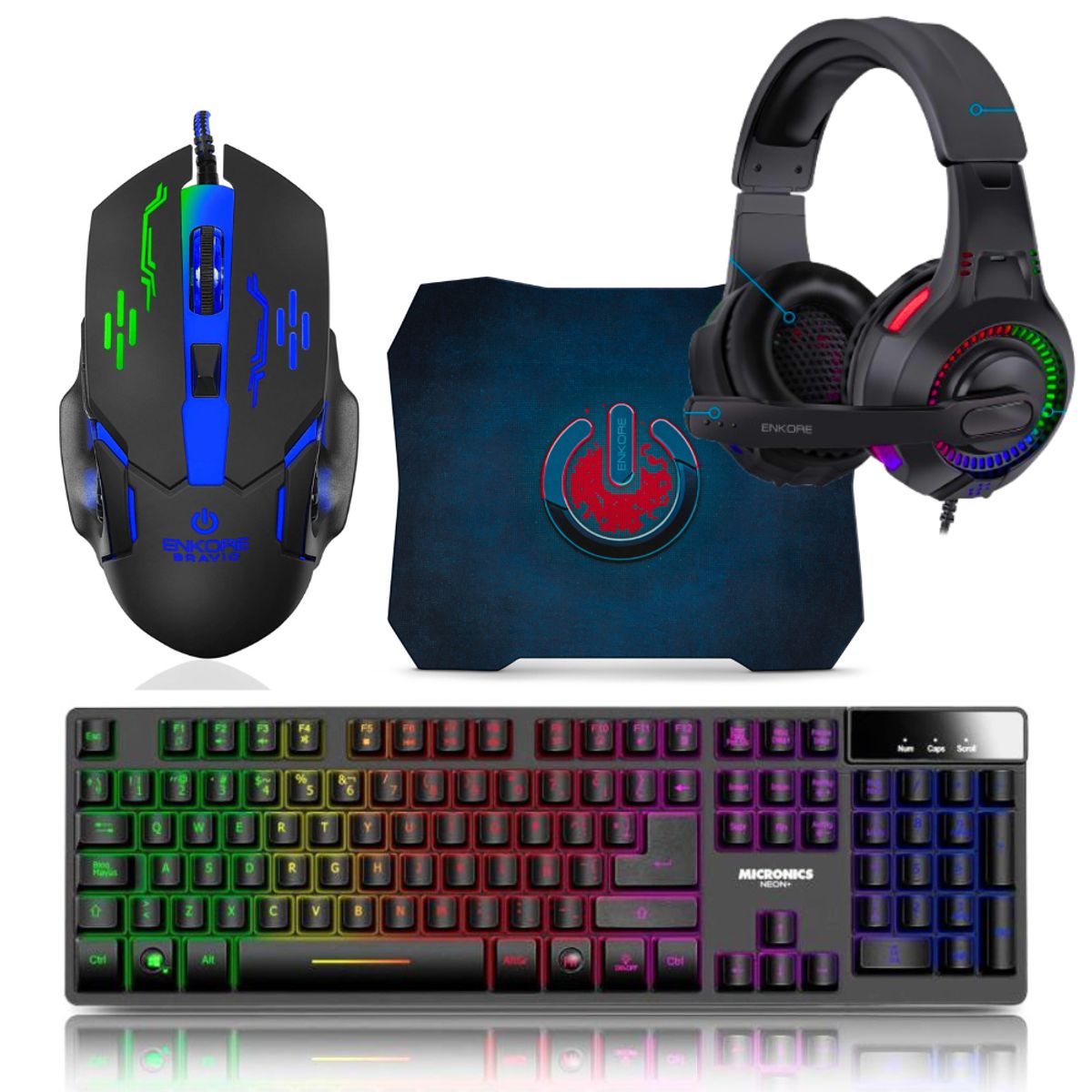 ENKORE - Kit Gamer 4 En 1 : Teclado Micronics Neon+ Audifono + mouse + Pad