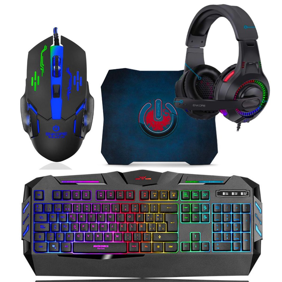 ENKORE - Kit Gamer 4 En 1 : Teclado Micronics Spartano+Audifono+mouse+ Pad