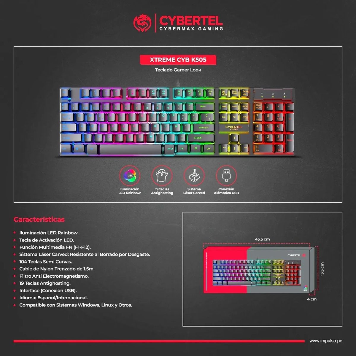CYBERTEL - Teclado Gamer RainbowLED Antighosting Cybertel Xtreme CYB K505