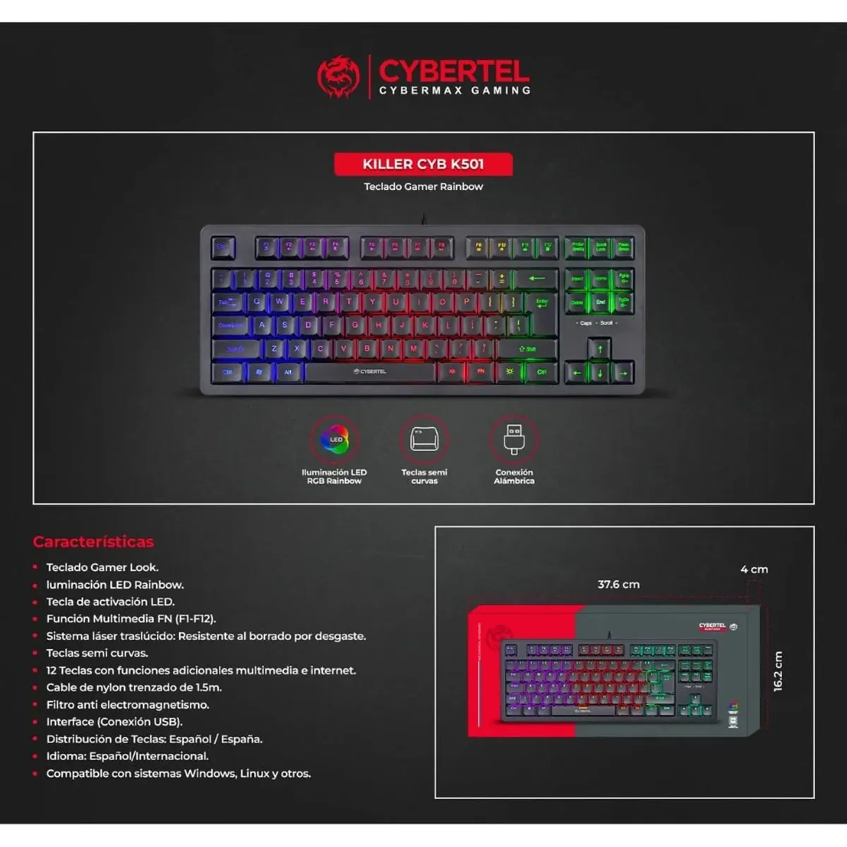 CYBERTEL - Teclado Gamer RainbowLED Antighosting Cybertel Xtreme CYB K501