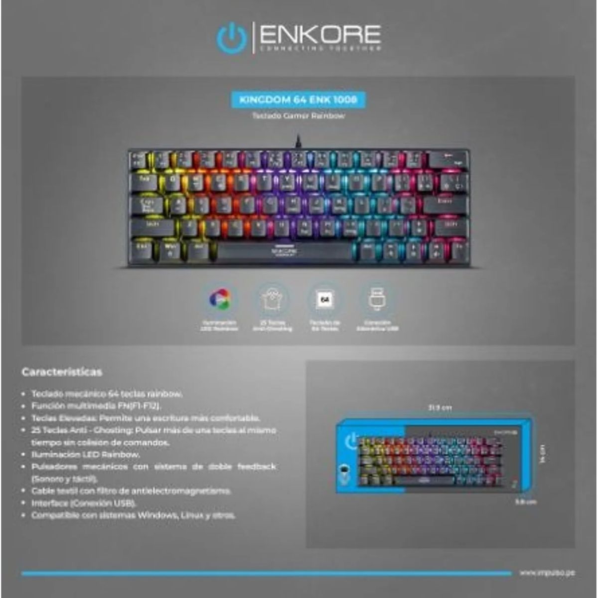 ENKORE - TECLADO GAMER MECANICO USB ENKORE KINGDOM 64 ENK1008 RAINBOW