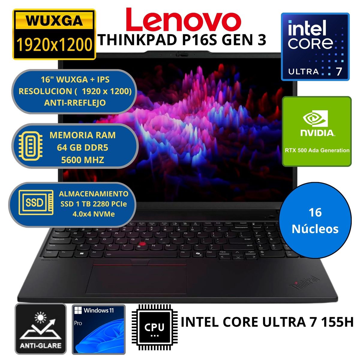 LENOVO - Laptop Lenovo INTEL CORE ULTRA 7 (THINKPAD P16S GEN 3) RAM 64GB SSD 1 TB 16" WUXGA WINDOWS 11