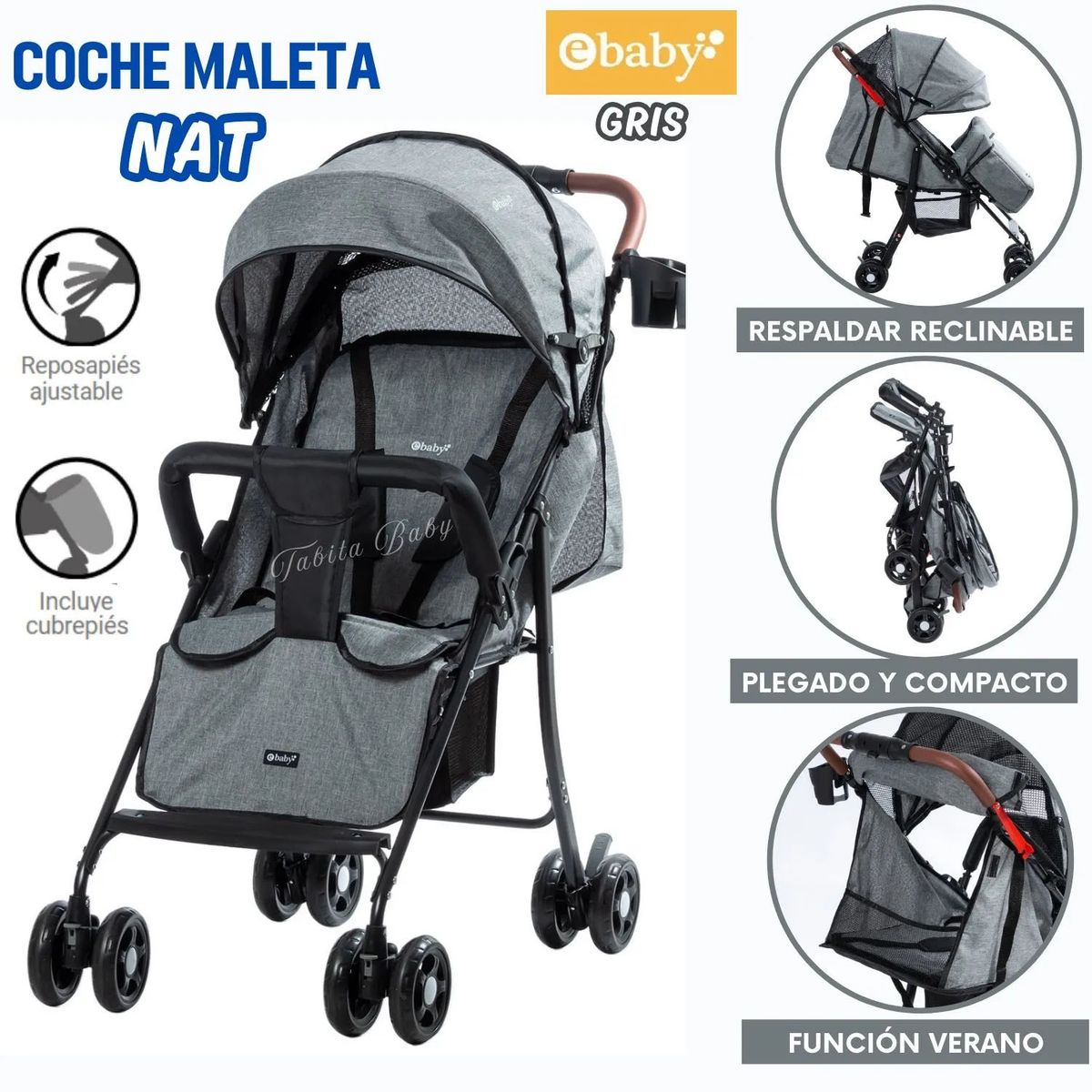 EBABY - Coche de Paseo NAT Maleta con Cubre Pies Plegable Gris