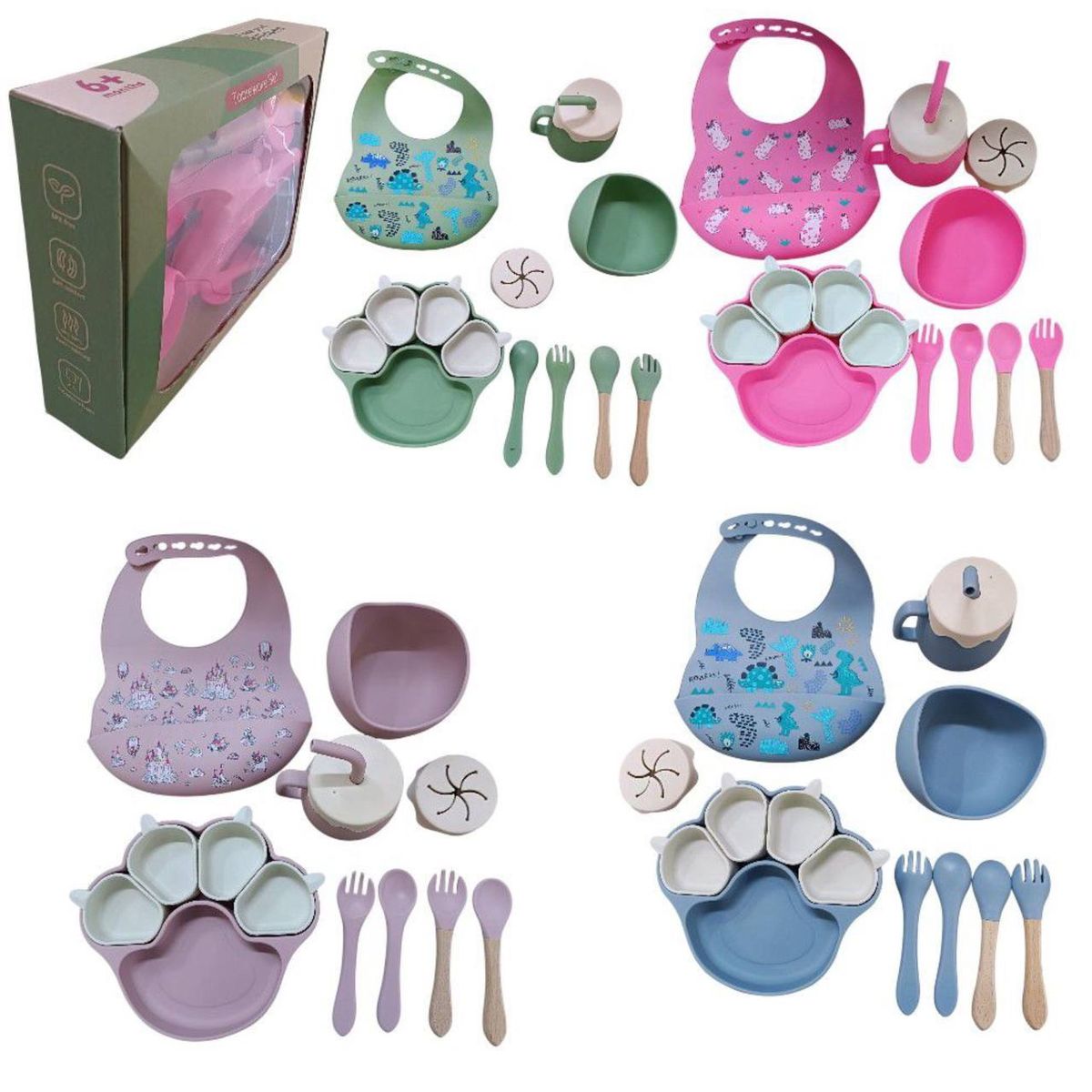 GENERICO - SET DE ALIMENTACIÓN DE SILICONA SIN BPA PARA BEBÉ ROSA CLARO